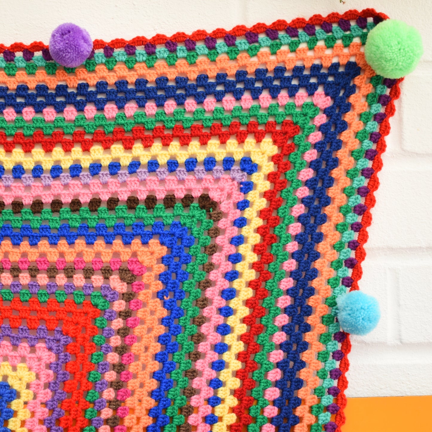 Vintage 1970s Crochet Blanket - Pom Poms