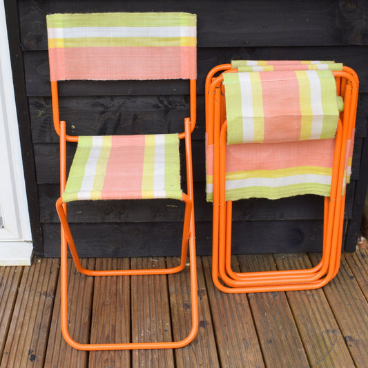Vintage 1960s Striped Nylon Folding Chair Set - Orange & Green