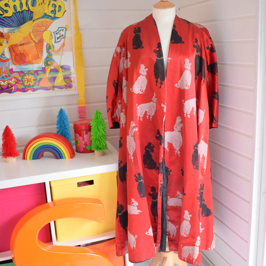 Vintage 1950s Satin Evening Coat / Kimono Style - Poodles - Red/ Black