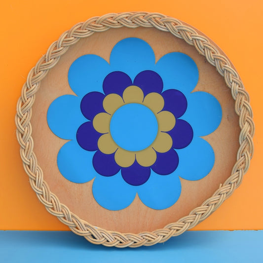 Vintage 1960s Round Wicker Tray - Flower Blue by Vintage