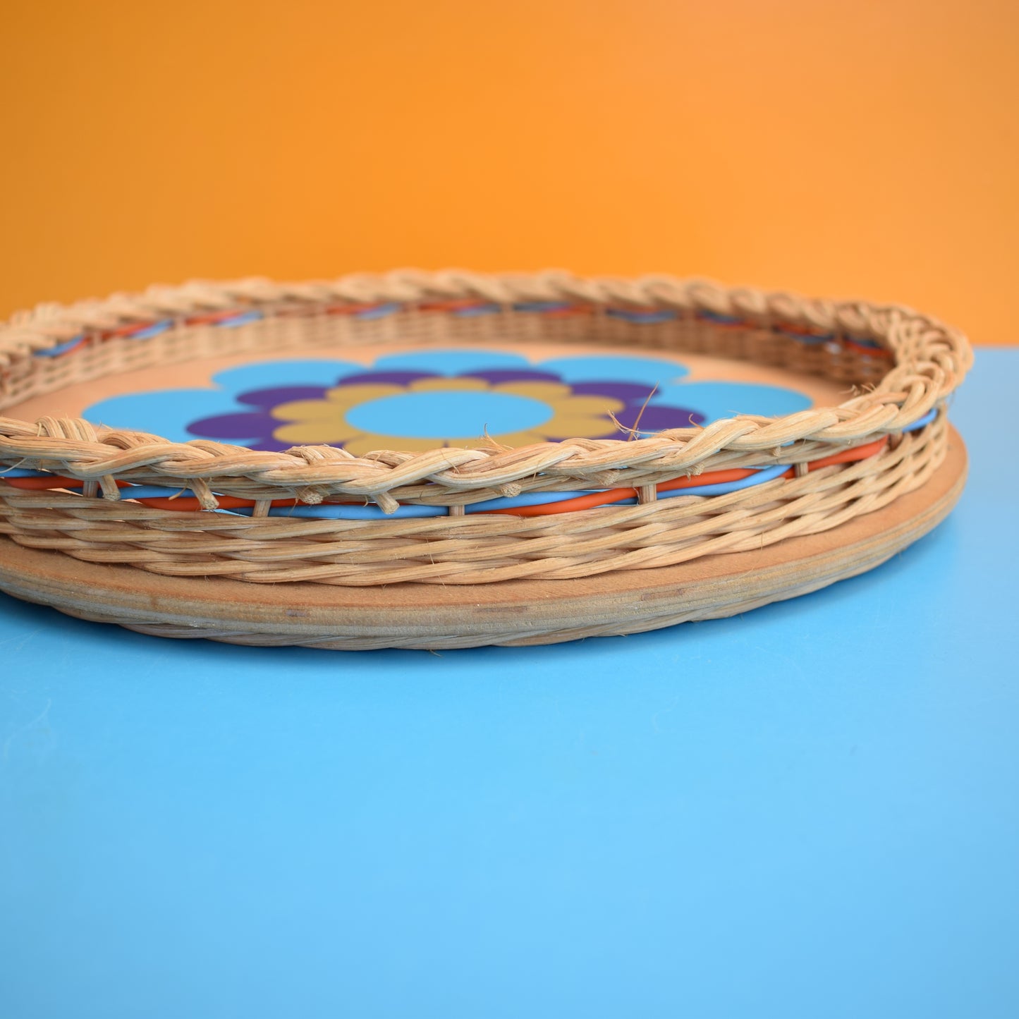 Vintage 1960s Round Wicker Tray - Flower Blue by Vintage
