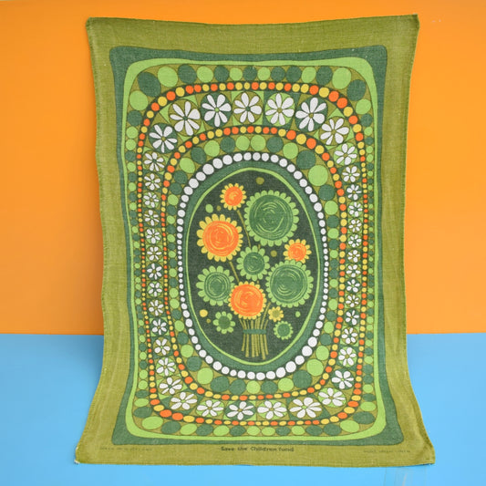 Vintage 1970s Tea Towel - Green Flower Power by Vintage