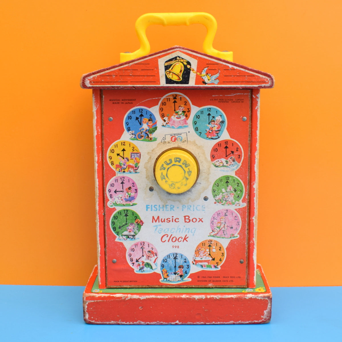 Vintage 1960s Fisher Price Music Box Teaching Clock - Wooden .