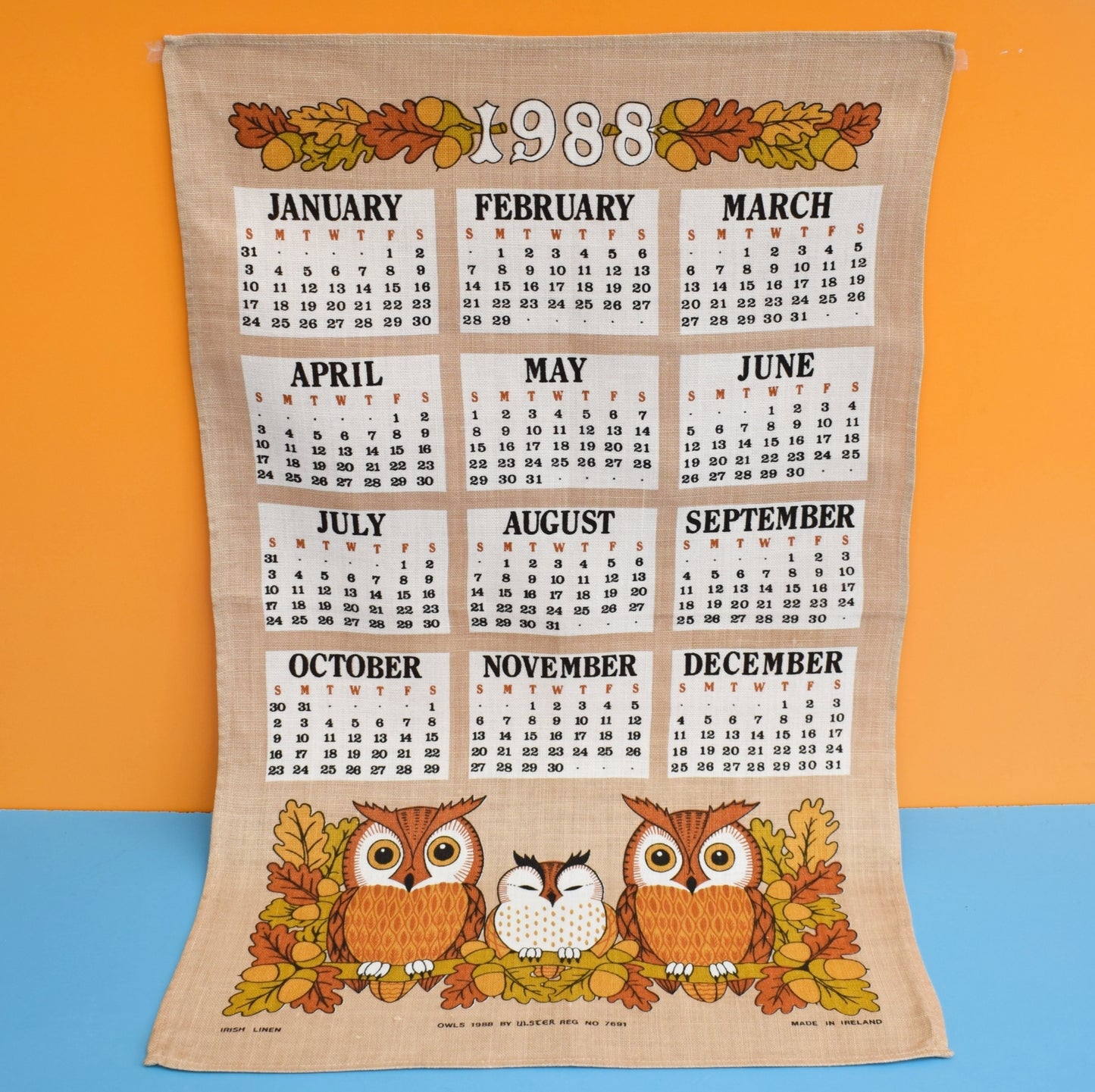 Vintage 1980s Tea Towel - Owl Calendar by Vintage