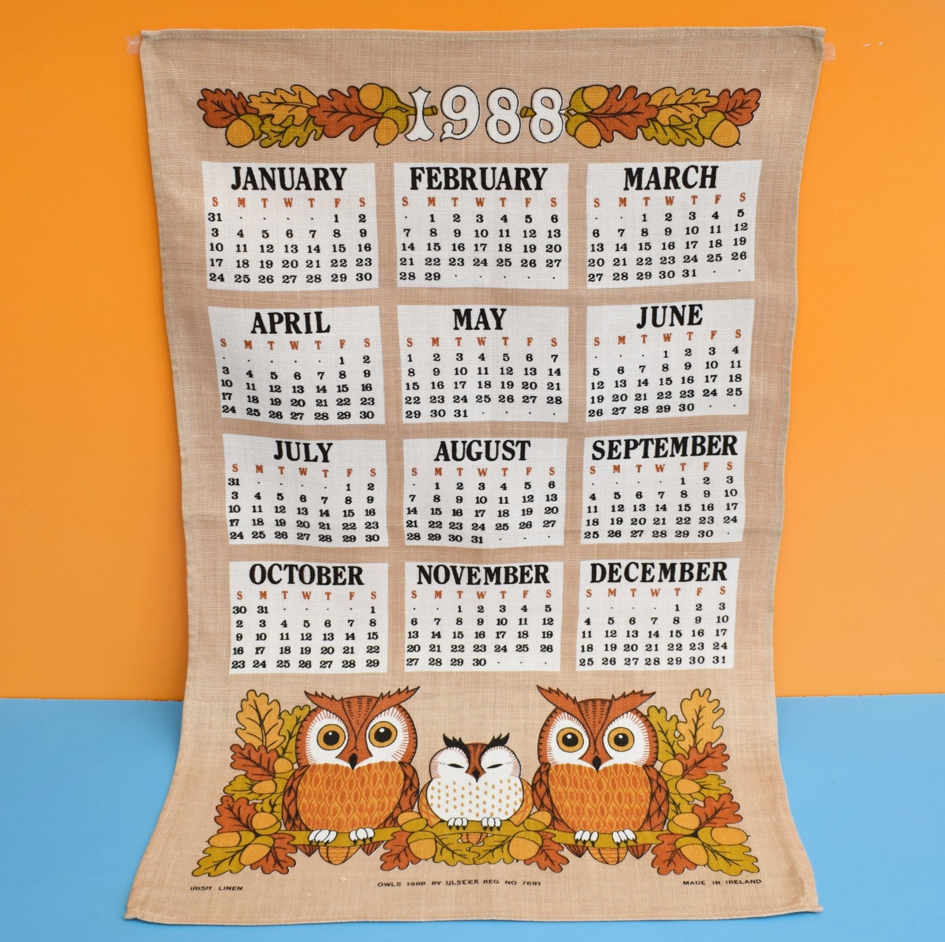 Vintage 1980s Tea Towel - Owl Calendar by Vintage