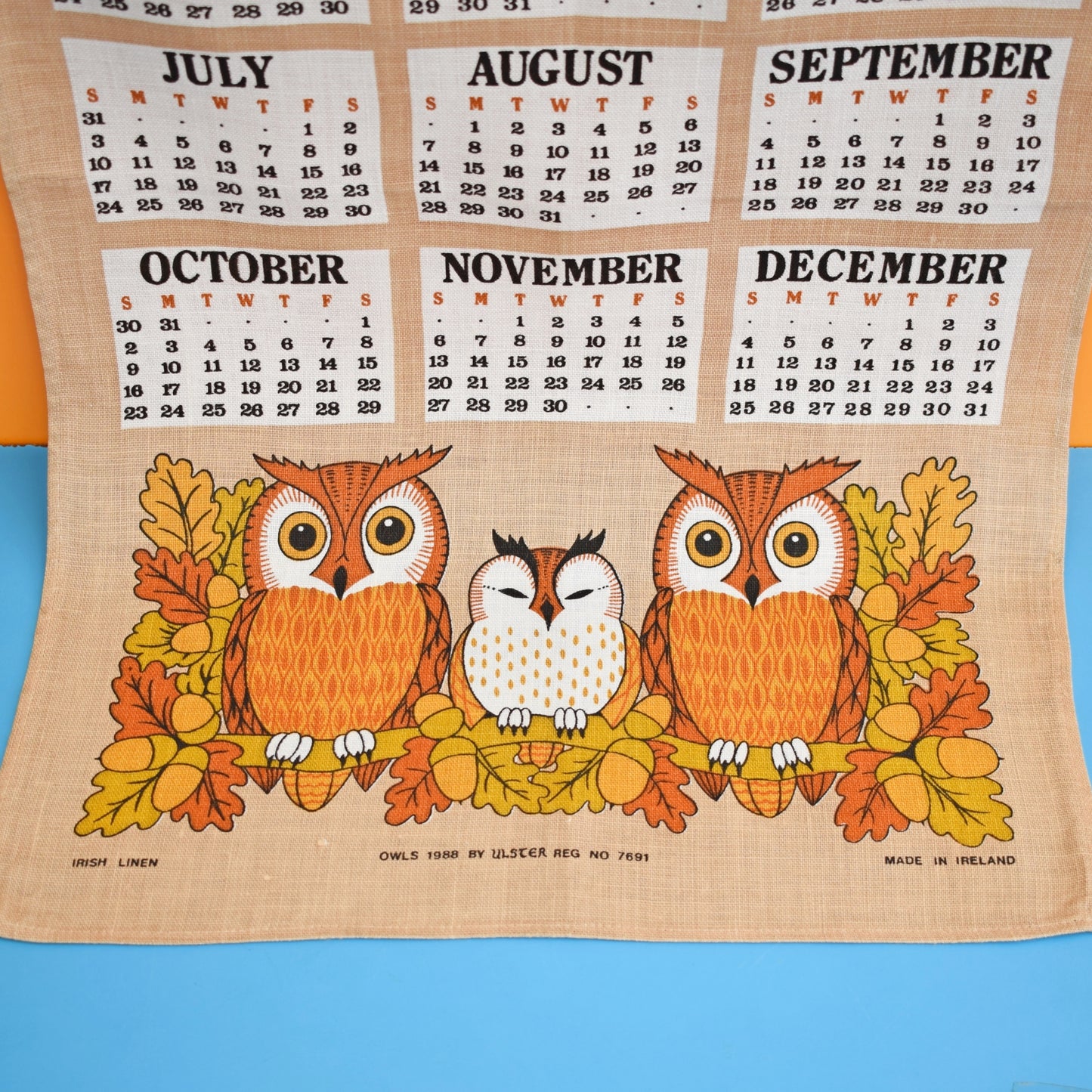 Vintage 1980s Tea Towel - Owl Calendar by Vintage