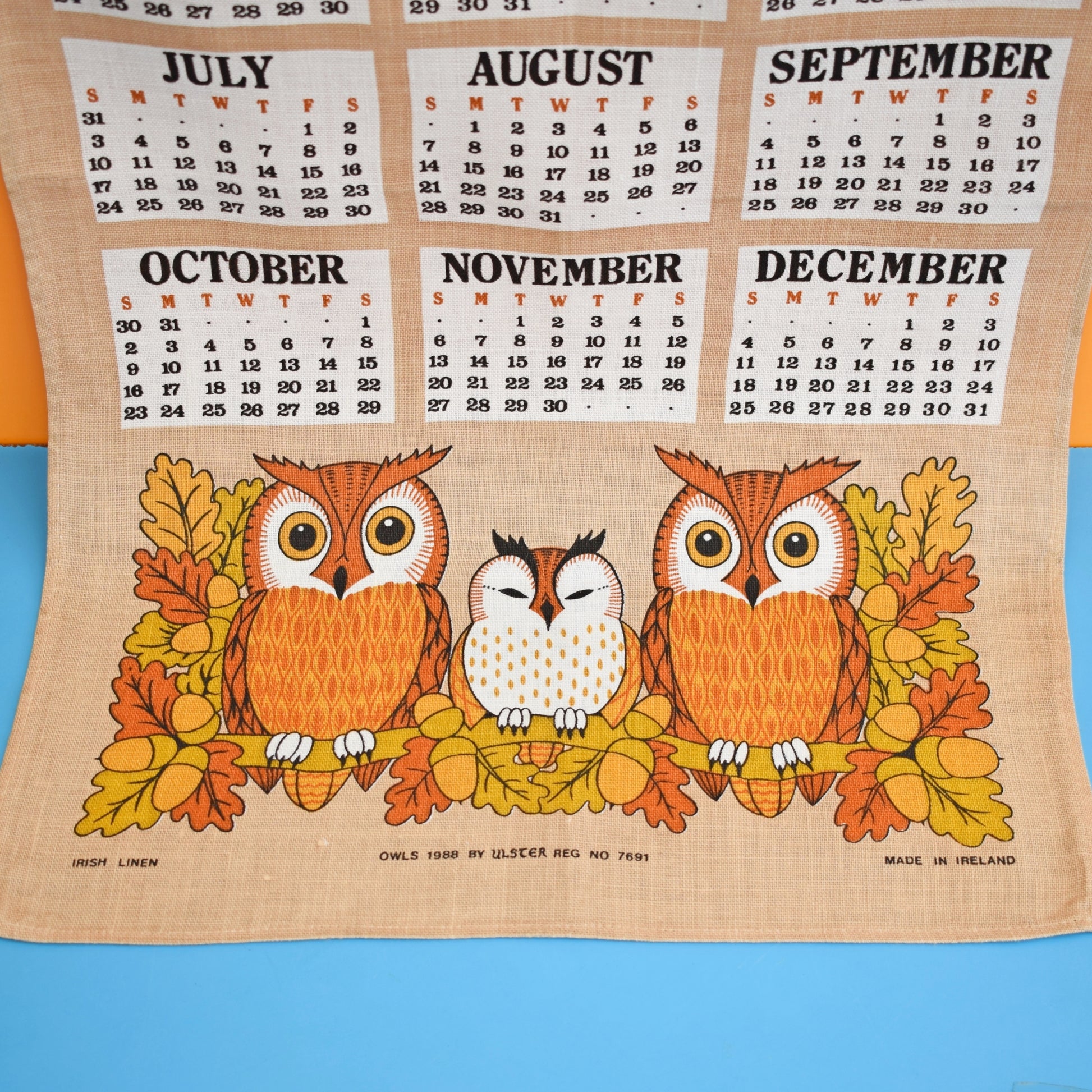 Vintage 1980s Tea Towel - Owl Calendar by Vintage
