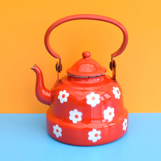 Vintage 1960s Small Enamel Tea Pot / Kettle - Red Flower Power by Vintage