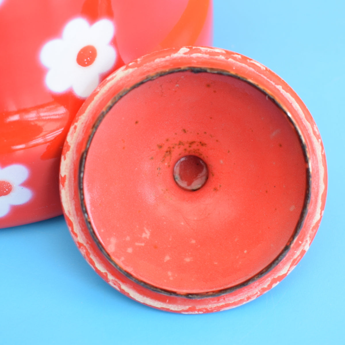 Vintage 1960s Small Enamel Tea Pot / Kettle - Red Flower Power