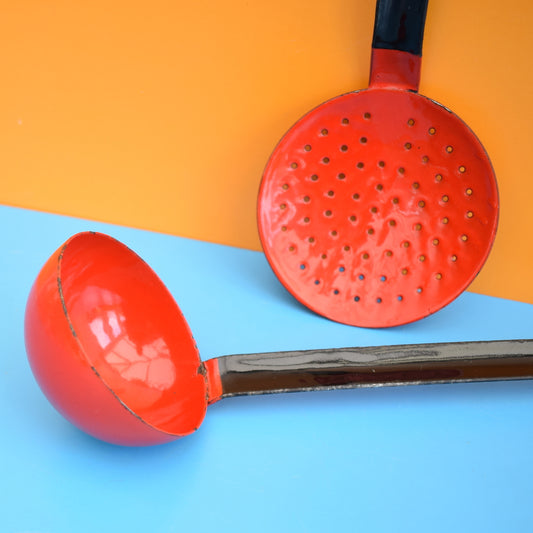 Vintage 1970s Enamel Ladle & Sieve Spoon - Red by Pineapple Retro