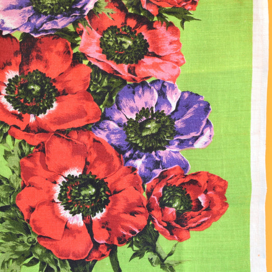 Vintage 1960s Flower Cotton Tea Towel - Green & Pink