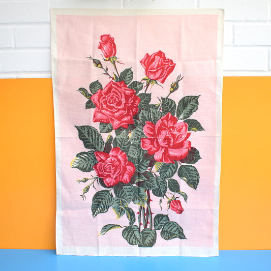 Vintage 1960s Flower Cotton Tea Towel - Pink Rose