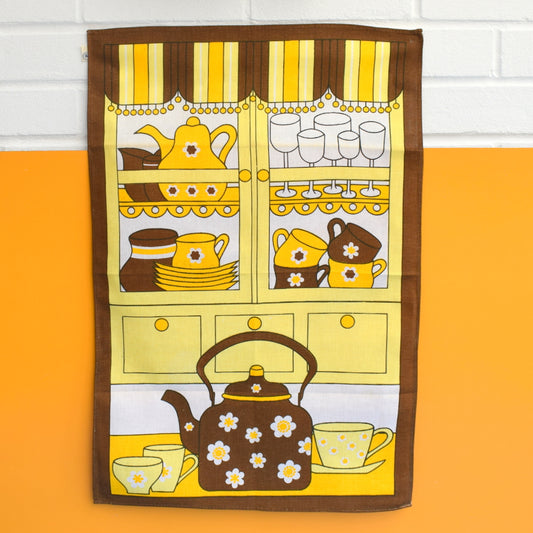 Vintage 1960s Tea Towel - Full Cupboard - Yellow / Brown