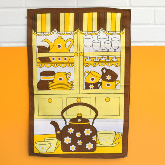 Vintage 1960s Tea Towel - Full Cupboard - Yellow / Brown by Vintage