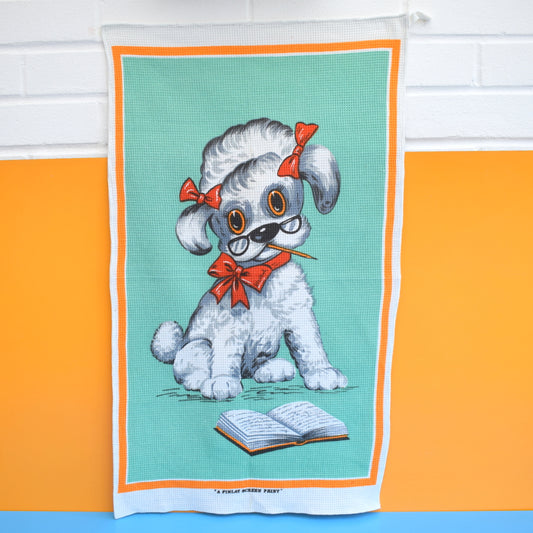 Vintage 1970s Tea Towel - Poodle In Bow - Kitsch