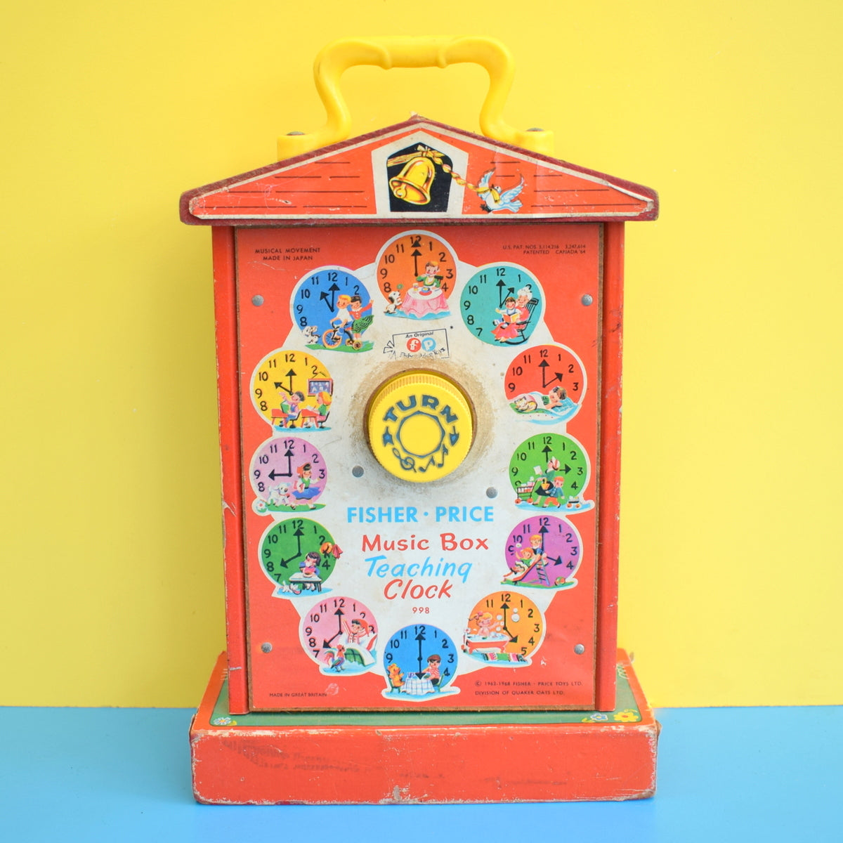 Vintage 1960s Fisher Price Music Box Teaching Clock - Wooden