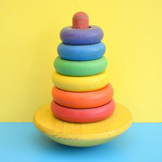 Vintage 1960s Wooden Stacking Rocking Ring Toy - Rainbow