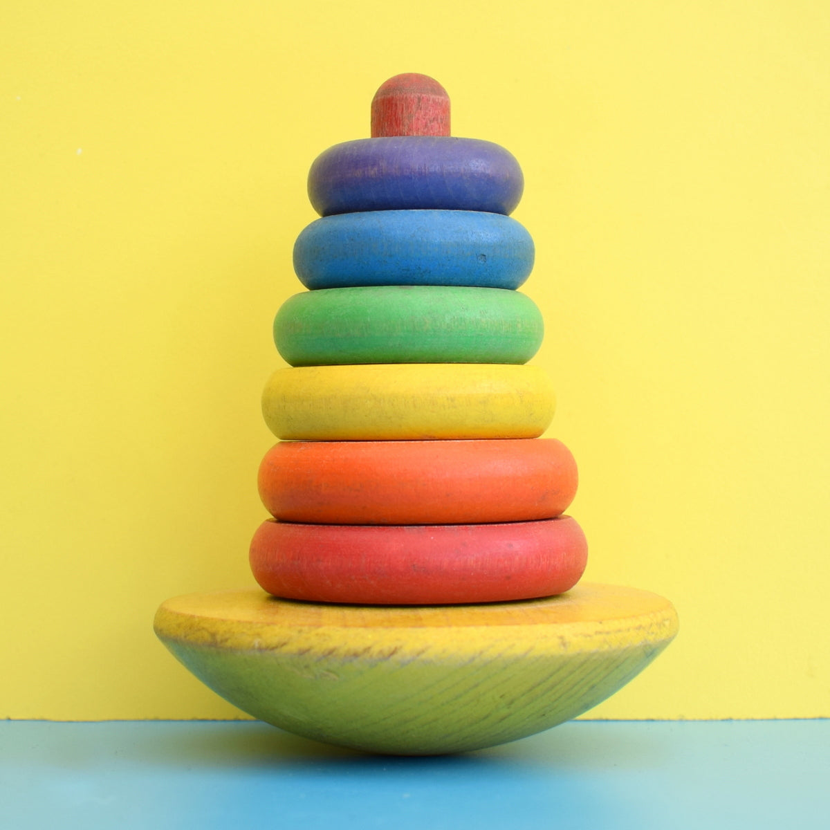 Vintage 1960s Wooden Stacking Rocking Ring Toy - Rainbow