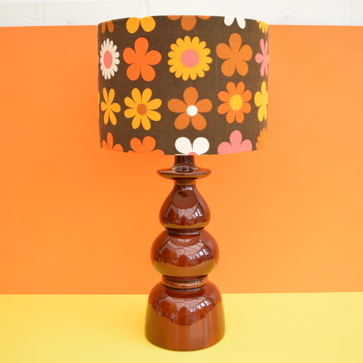 Vintage 1960s Brown Ceramic Table Lamp - Flower Power Genia Sapper Shade, Orange & Brown