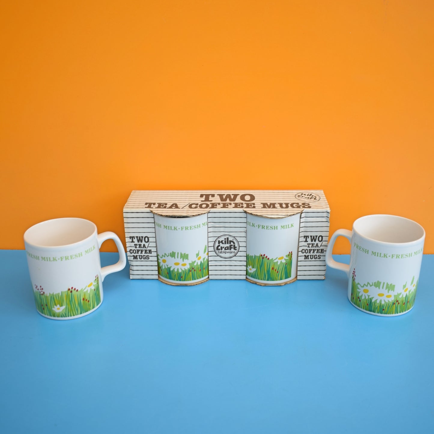 Vintage 1980s Mugs - Kiln Craft - 4 Boxed - Milk Design by Pineapple Retro
