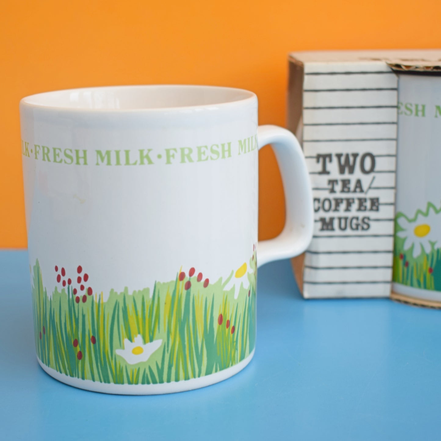 Vintage 1980s Mugs - Kiln Craft - 4 Boxed - Milk Design by Pineapple Retro