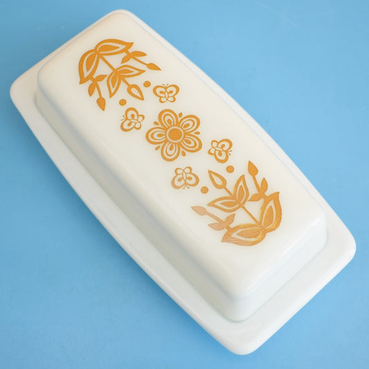 Vintage 1970s Pyrex Butter Dish - Gold Butterfly