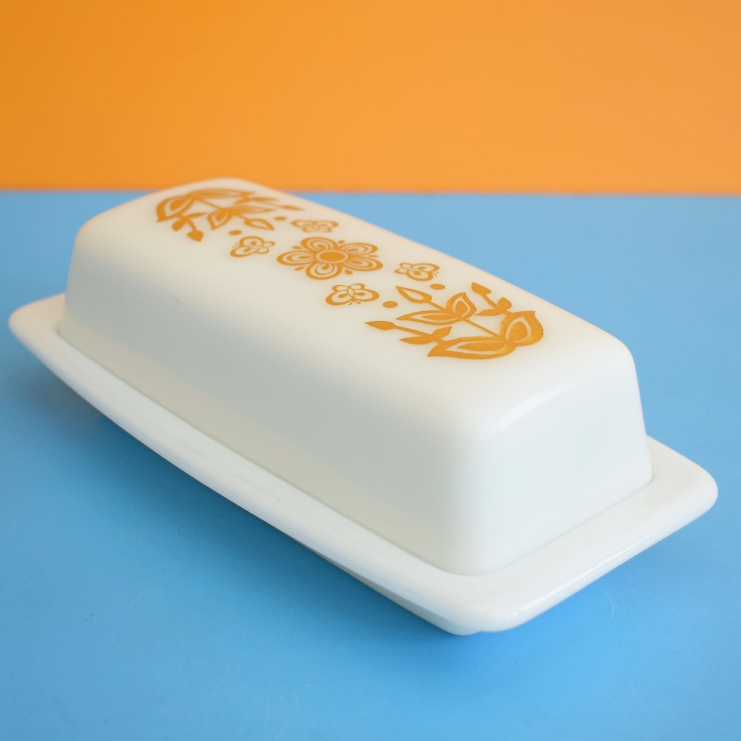 Vintage 1970s Pyrex Butter Dish - Gold Butterfly