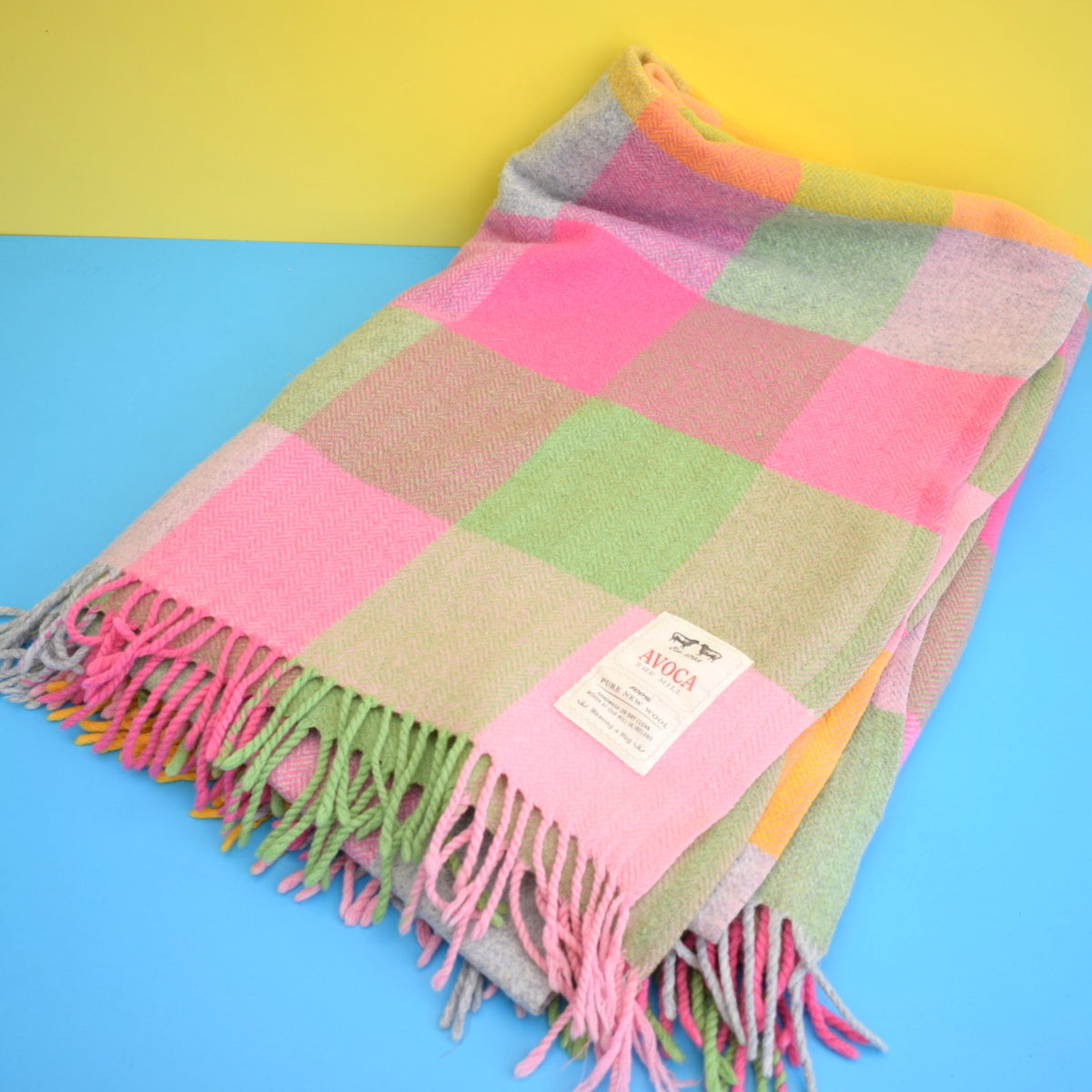Retro Irish 100% Wool - Avoca Picnic Blanket / Throw - Pink /Yellow /Green