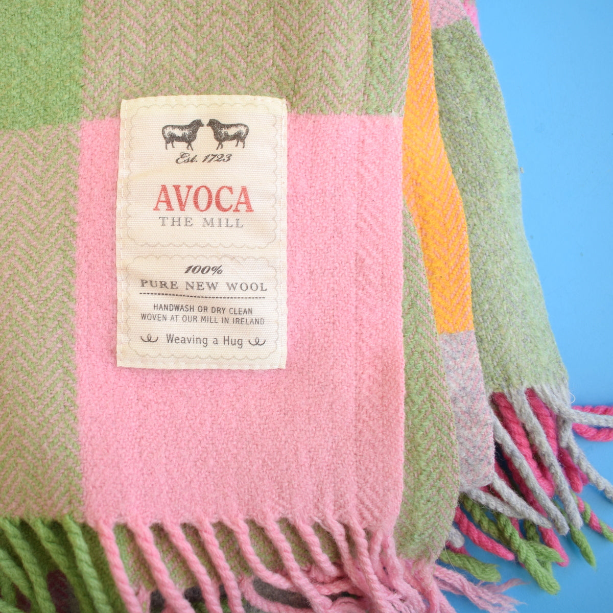 Retro Irish 100% Wool - Avoca Picnic Blanket / Throw - Pink /Yellow /Green