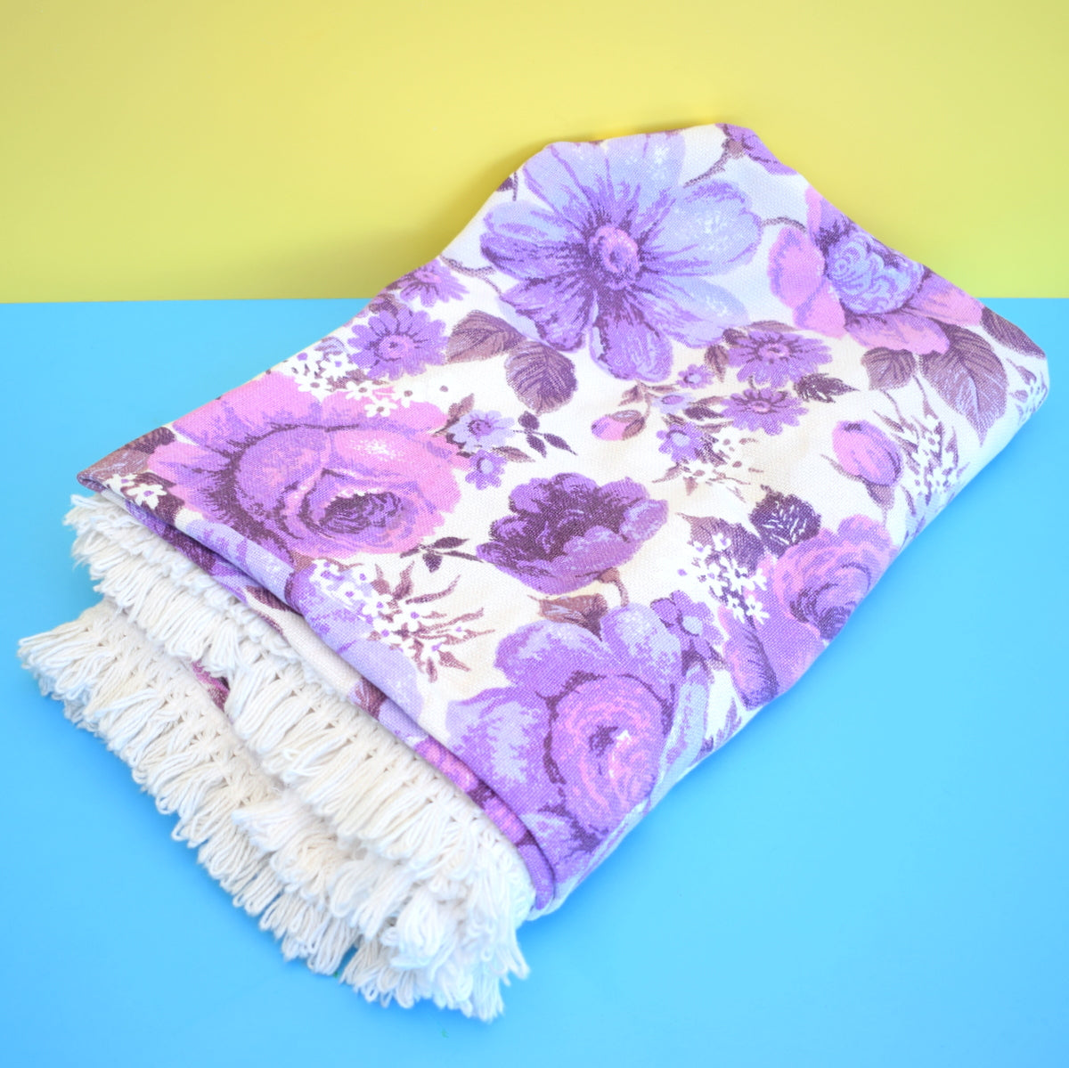 Vintage 1960s Single Bed Cover - Textured Weave With Fringe - Flower Power - Purple