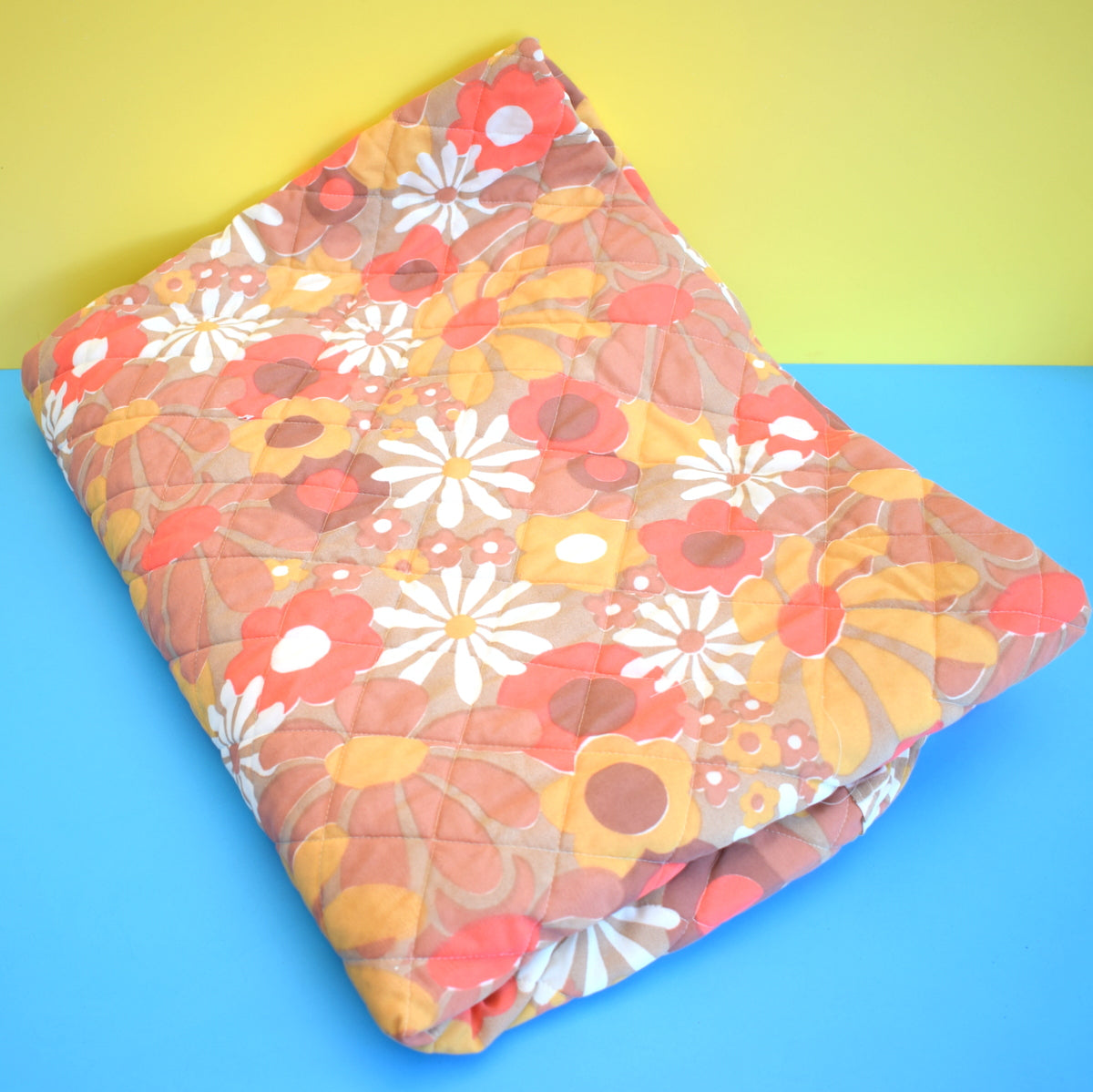 Vintage 1960s Double Bed Cover / Pillow Covers - Flower Power - Orange & Brown