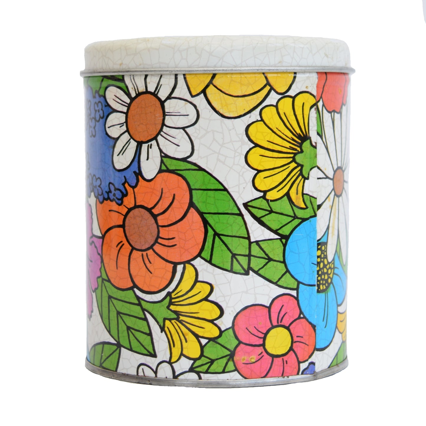 Vintage 1960s Kitsch Metal Flower Power Tin, Pink, Yellow