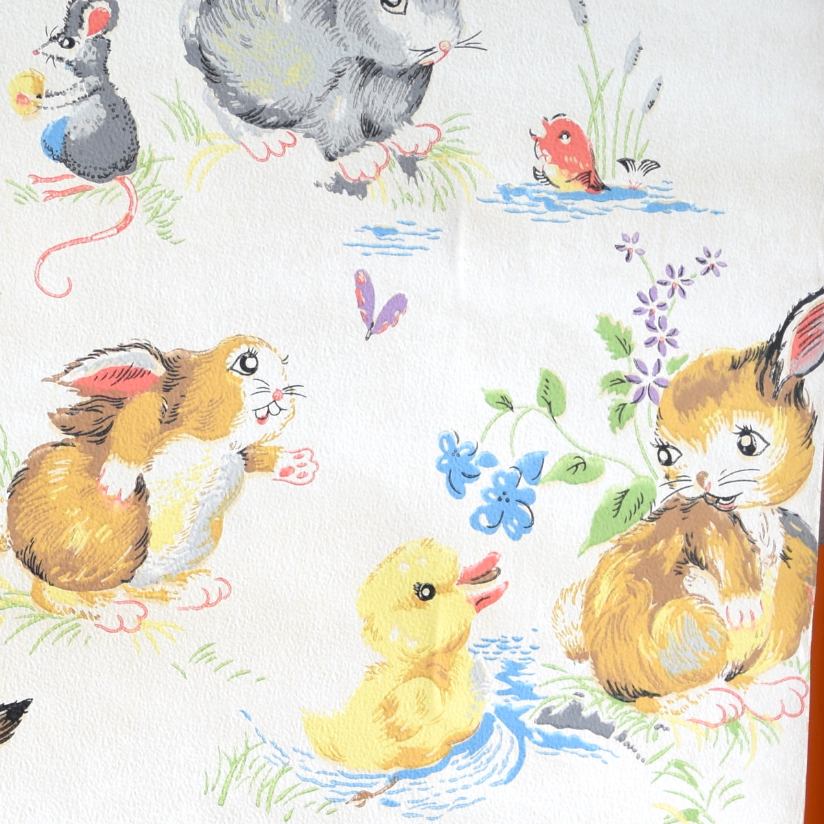 Vintage 1960s Bunny Rabbit Children's Wallpaper - Mice, Ducks , Cute!