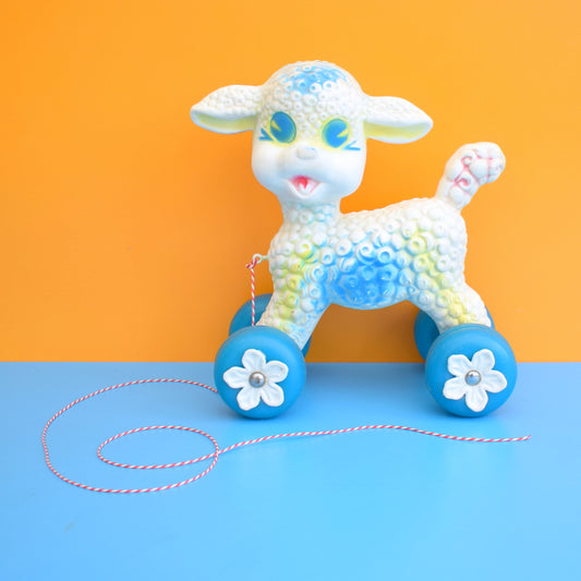 Vintage 1960s Plastic Lamb With Wheels - White & Blue