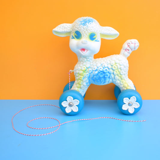 Vintage 1960s Plastic Lamb With Wheels - White & Blue by Pineapple Retro