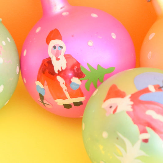 Vintage 1950s Medium Hand Painted Glass Christmas Baubles / Decorations - Santa / Father Christmas