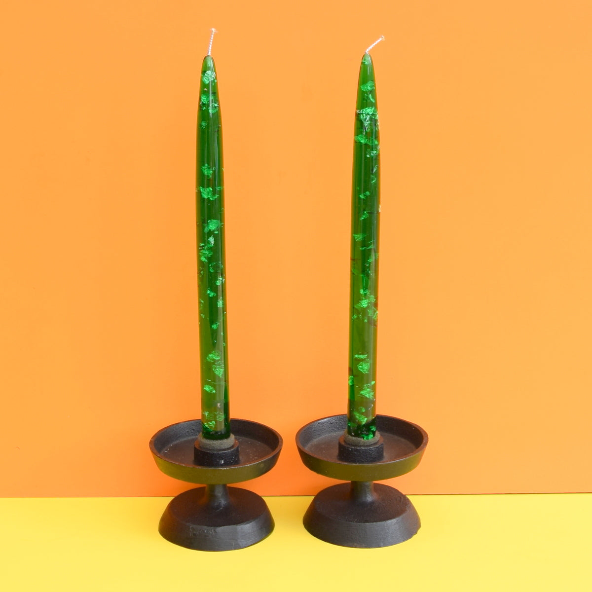 Vintage 1960s Cast Metal Candle Holder Pair - Green Plastic Flake Nachtmann Candles