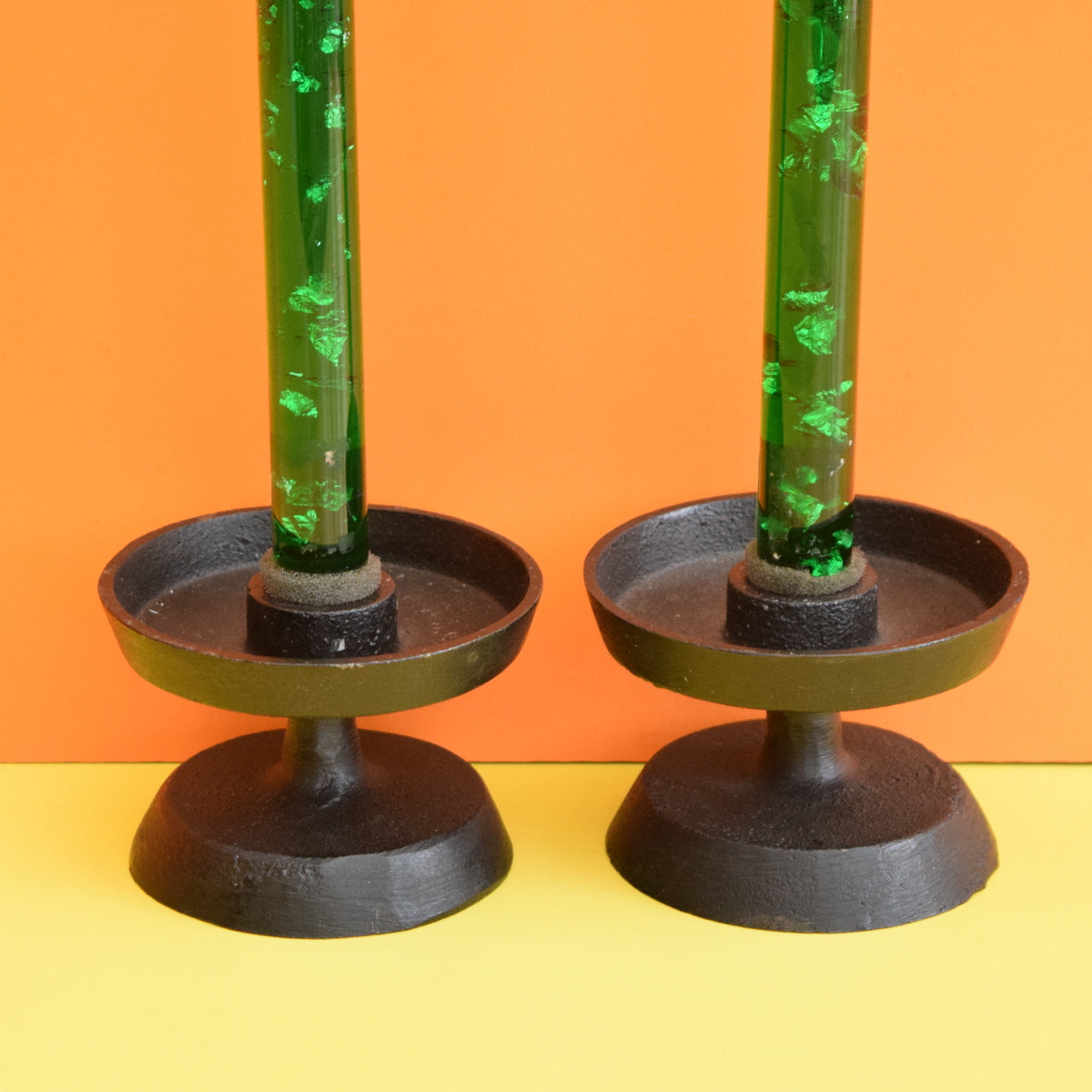 Vintage 1960s Cast Metal Candle Holder Pair - Green Plastic Flake Candles