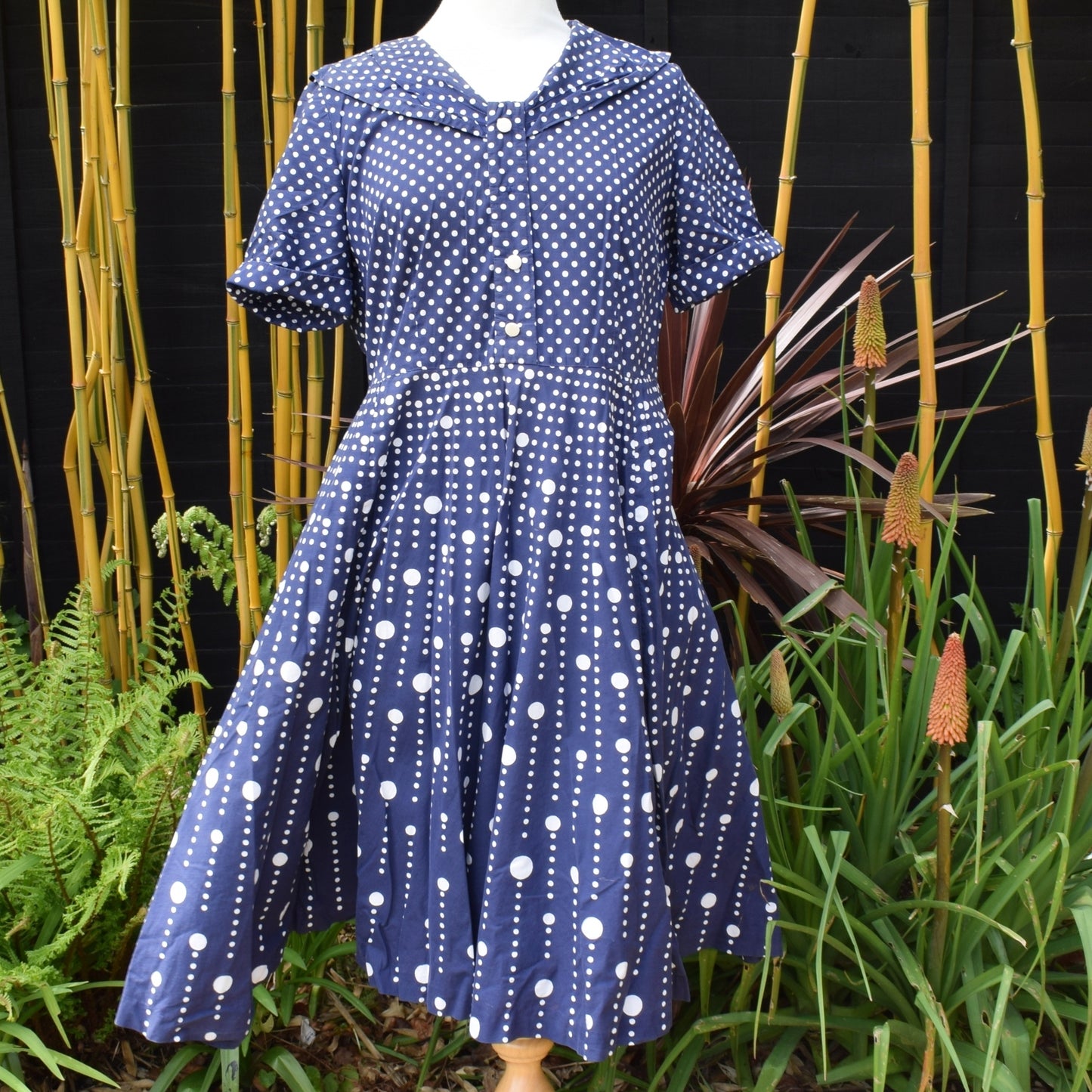 Vintage 1950s Dress - Navy Spots -  Size 14