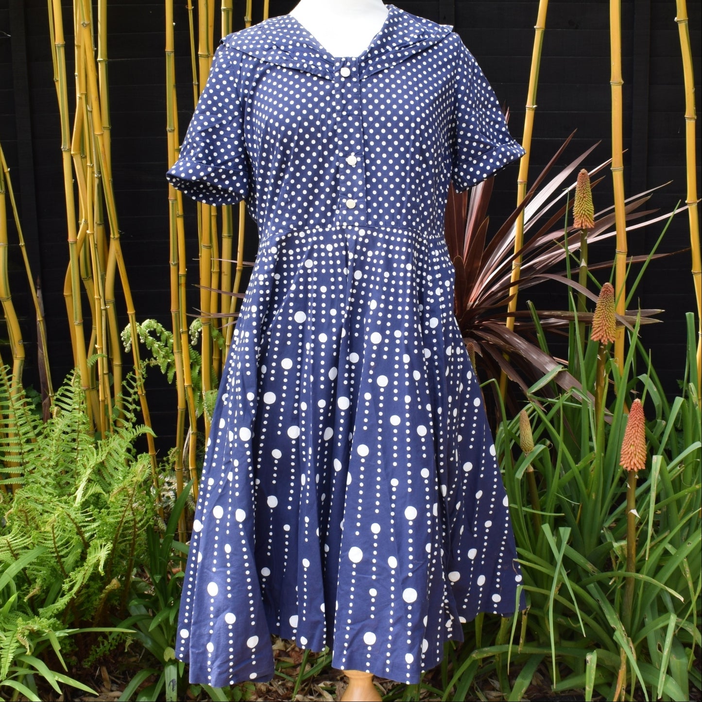 Vintage 1950s Dress - Navy Spots -  Size 14