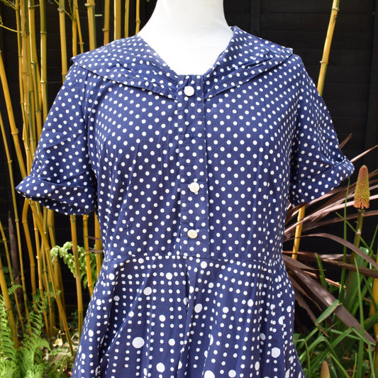 Vintage 1950s Dress - Navy Spots - Size 14 by Pineapple Retro