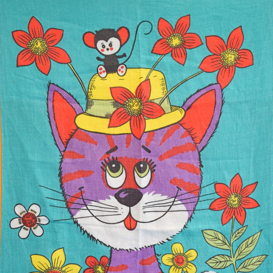 Vintage 1960s Tea Towel - Purple Cat - Flower Power by Vintage