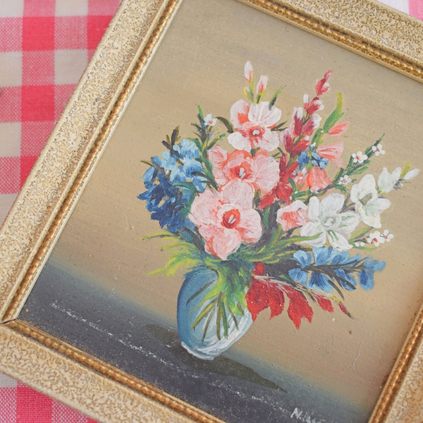 Vintage 1950s Small Oil On Canvas Floral Pictures