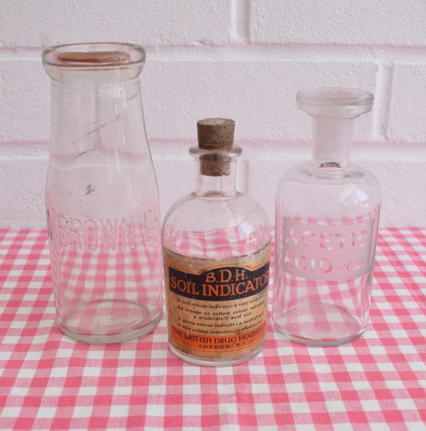 Vintage Glass Jars - Soil Indicator, Acid & Milk Bottle