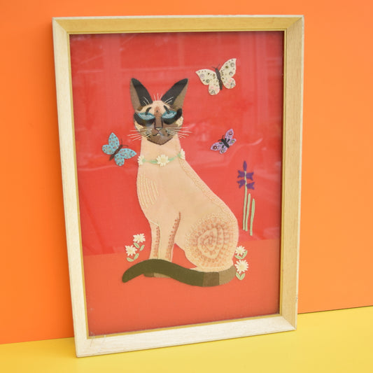 Vintage 1950s Embroidered / Collage Picture - Siamese Cat