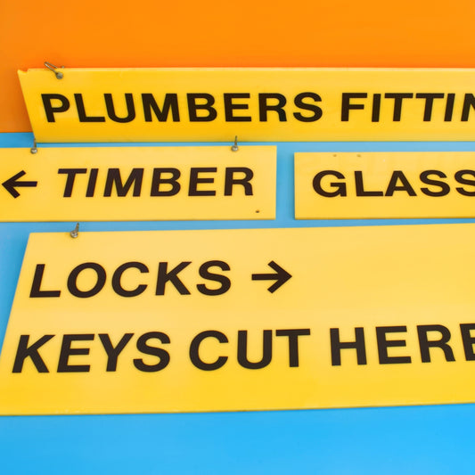 Vintage 1980s Perspex Hardware Signs - Wood Etc by Pineapple Retro