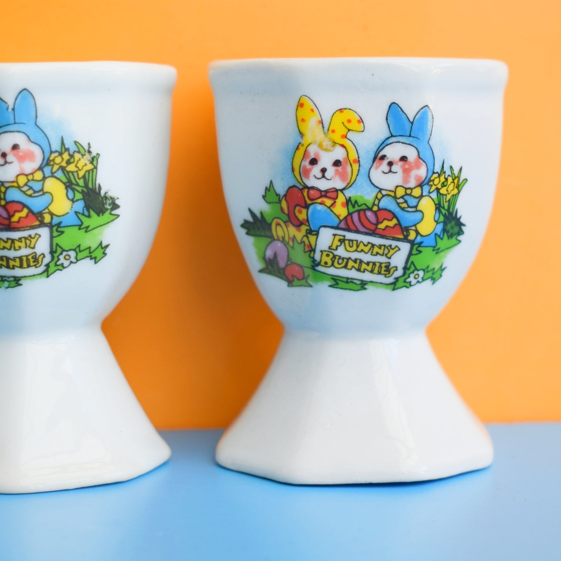 Vintage 1980s Egg Cup Pairs - Funny Bunnies by Vintage