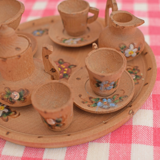 Vintage 1940s Tiny Wooden Painted Tea Set - Pretty by Pineapple Retro