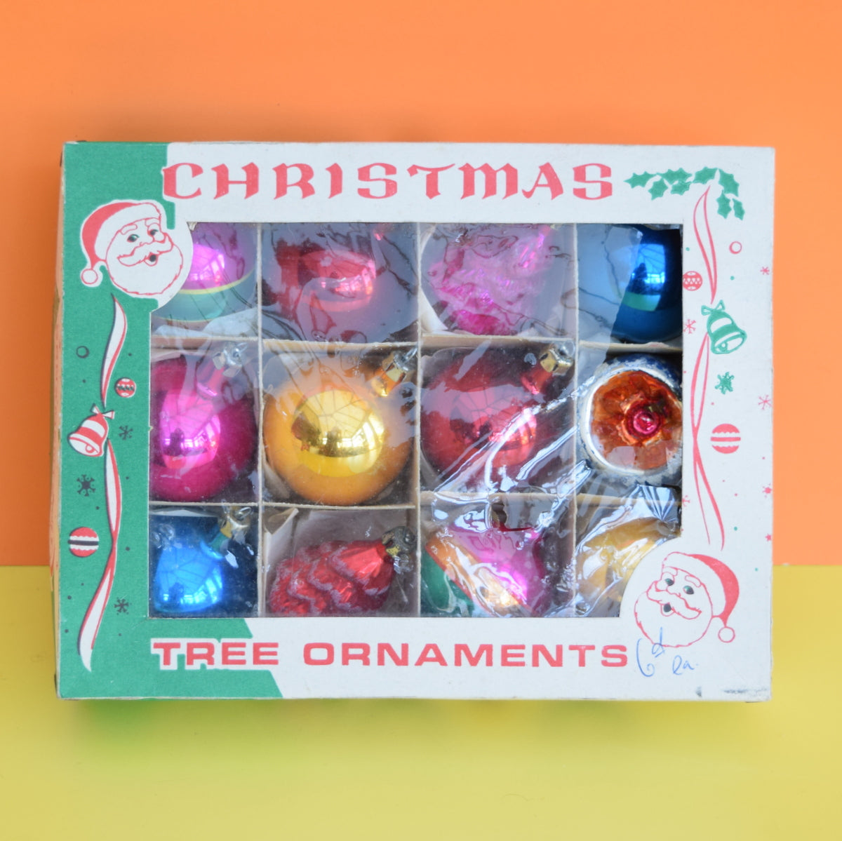 Vintage 1950s Medium Hand Painted Glass Christmas Baubles / Decorations - Mixed (Boxed.)