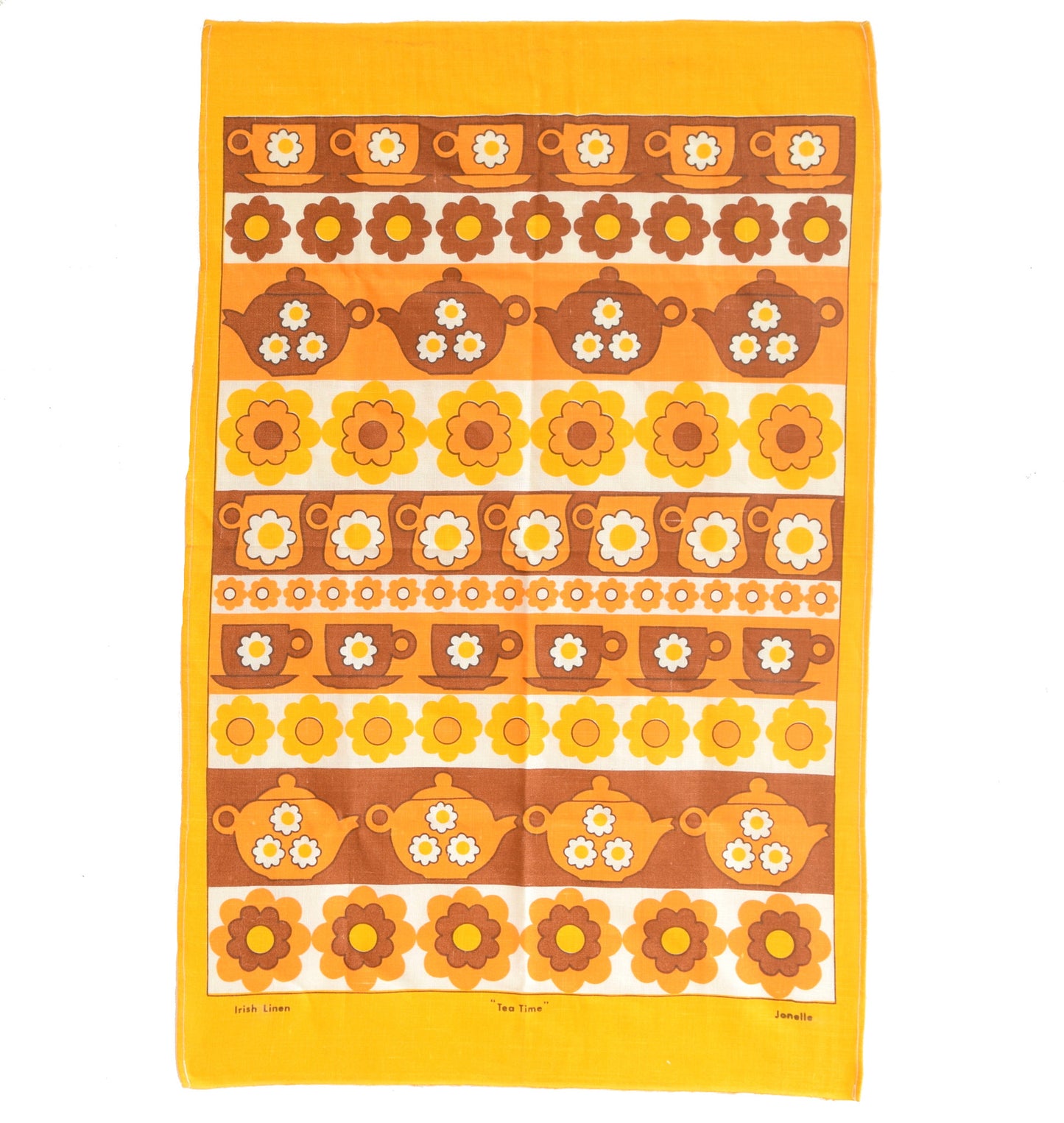Vintage 1960s Cotton Tea Towel - Flower Power Design, Orange
